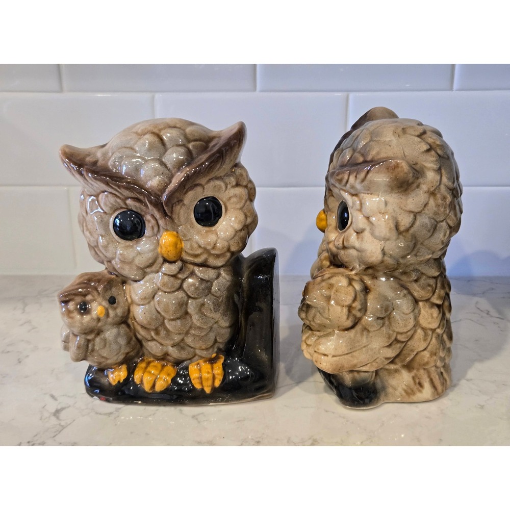 Unbranded Owl Bookends Unisex OS Brown Good Vintage Ceramic Mother Baby Set - Picture 8 of 13